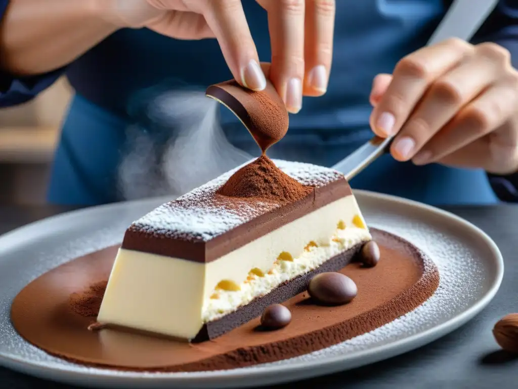 Un chef pastelero espolvoreando cacao sobre un tiramisú recién hecho, destacando las capas de bizcochos empapados en espresso y queso mascarpone