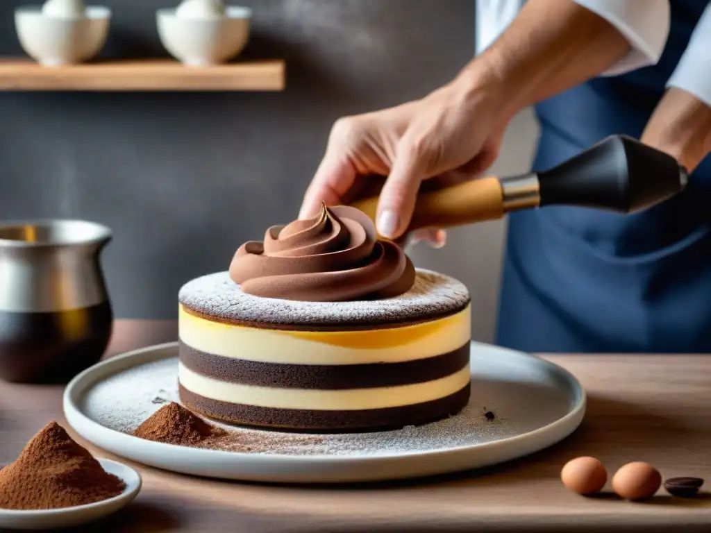 Un chef pastelero experto espolvorea cacao sobre un exquisito tiramisú, revelando los secretos postres italianos tradicionales