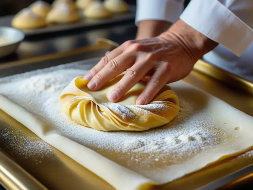 Un chef pastelero experto creando una sfogliatella italiana con precisión y destreza