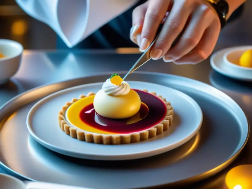 Un chef pastelero experto aplicando técnicas innovadoras en postres italianos contemporáneos en una cocina moderna y vibrante