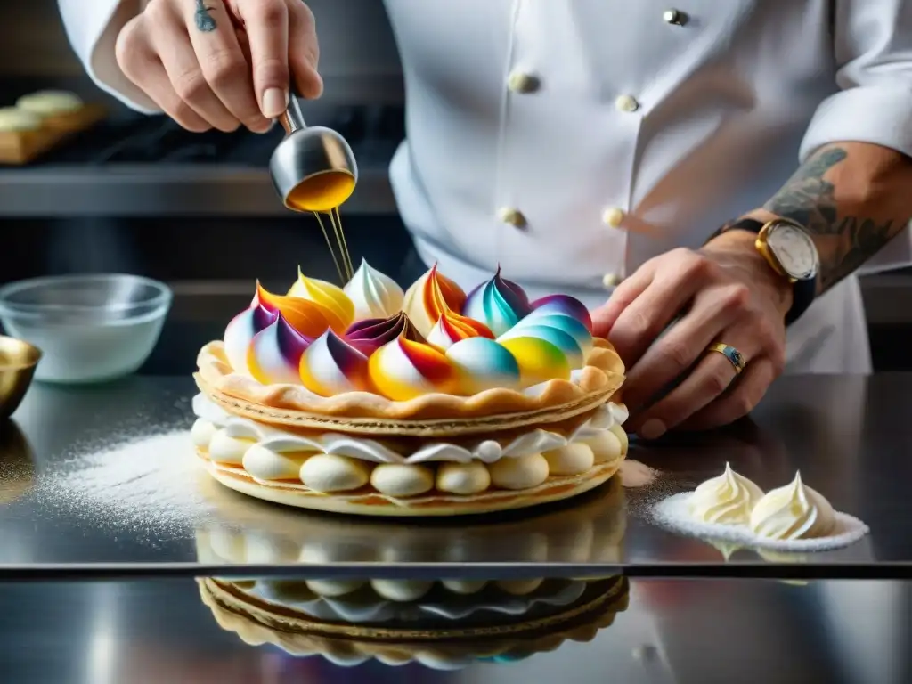 Un chef pastelero experto fusionando técnicas de repostería italianas en una escena culinaria auténtica y cautivadora