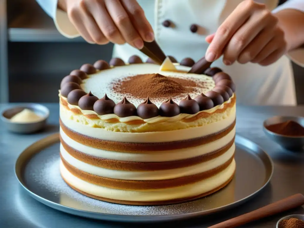 Un chef pastelero experto decora con precisión un tiramisú italiano tradicional en una pastelería, demostrando técnicas auténticas