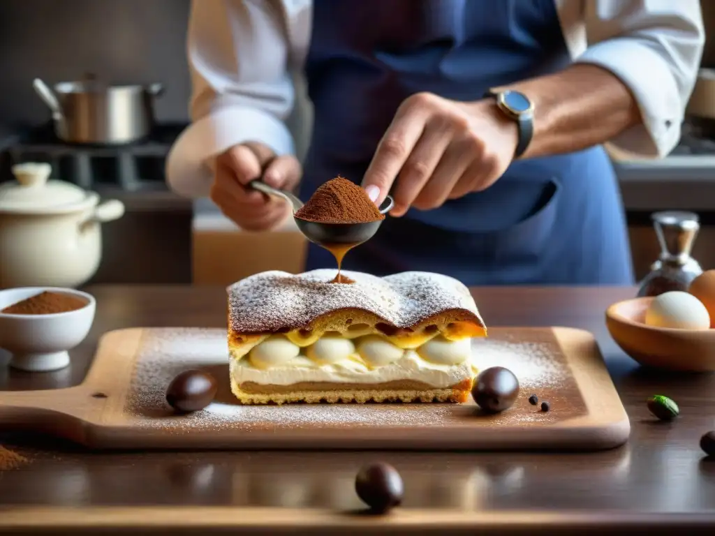 Un chef pastelero italiano crea un Tiramisú tradicional bajo la cálida luz de una cocina rústica en Italia