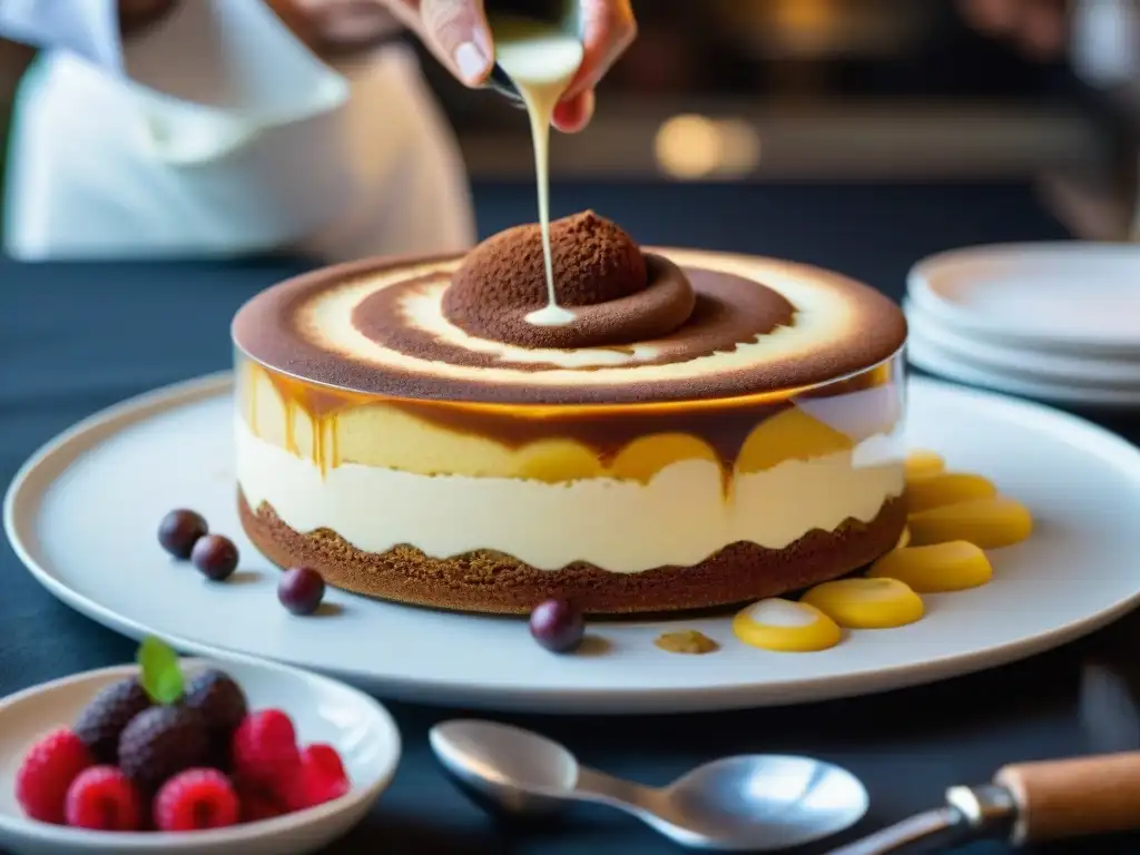 Un chef pastelero innovador decora un tiramisú con diseños vibrantes en un festival culinario, cautivando a la multitud