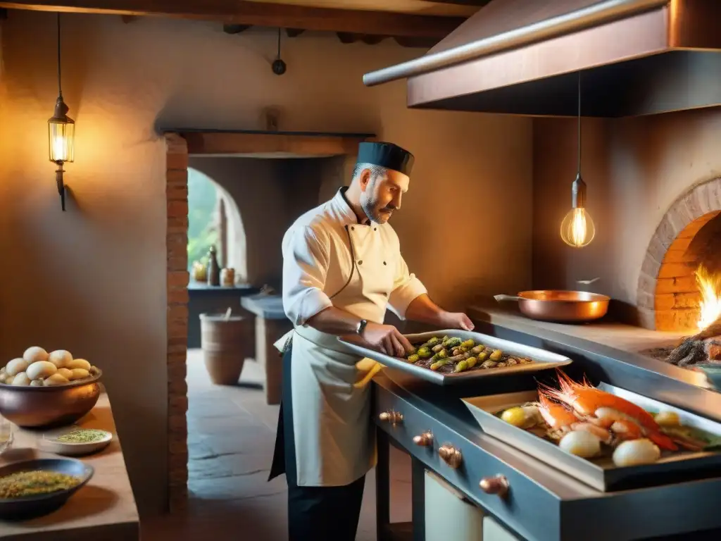 Un chef coloca pescados y mariscos al horno en una cocina italiana rústica, iluminada por brasas y decorada con utensilios vintage