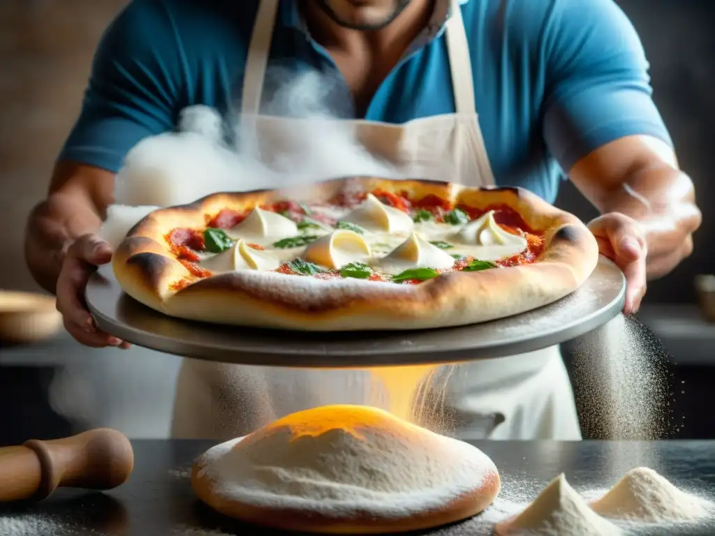 Un chef de pizza experto lanzando la masa al aire, con harina esparciéndose a su alrededor, demostrando técnicas para preparar pizza perfecta