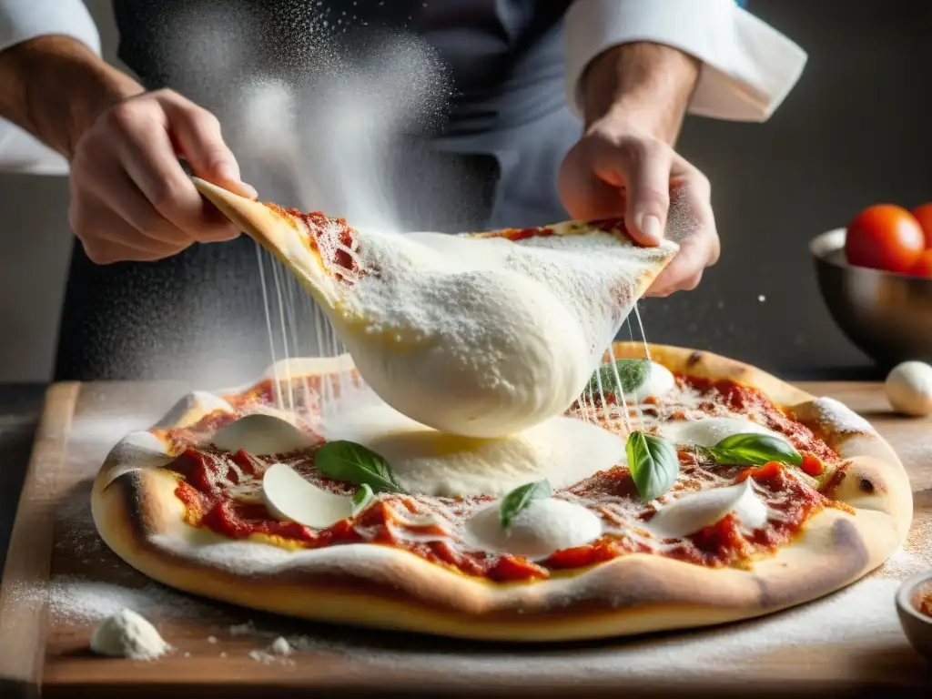 Un chef de pizza experto lanzando hábilmente masa al aire, creando la base perfecta con técnicas para preparar pizza perfecta