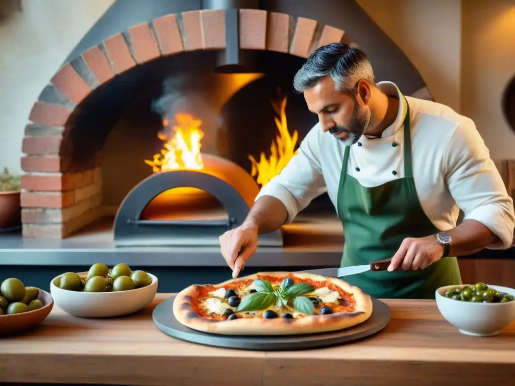 Un chef coloca una pizza en horno de leña en cocina italiana, creando un aroma irresistible