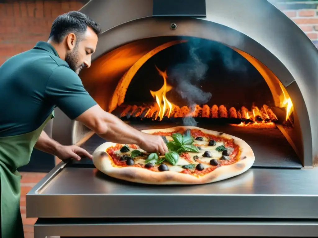 Un chef coloca una pizza en horno de leña, fusionando técnicas de cocción italiana modernas con encanto rústico