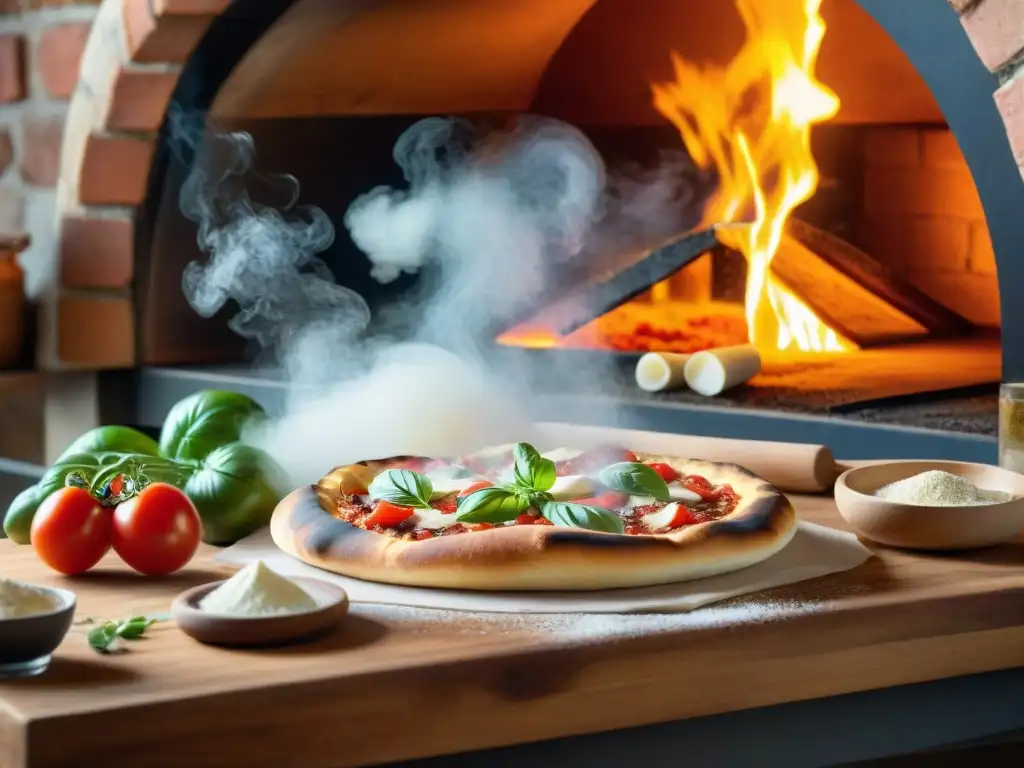 Un chef hábil preparando una pizza italiana en una cocina rústica