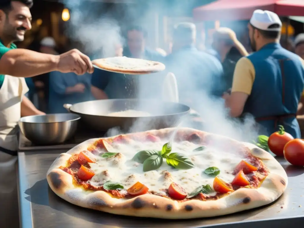 Chef preparando pizza italiana en festival de comida, manos hábiles lanzando masa al aire con ingredientes coloridos