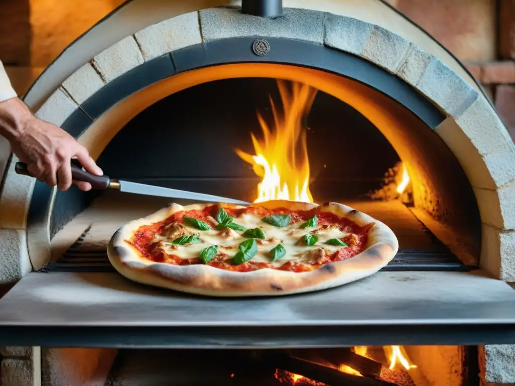 Un chef desliza una pizza italiana en un horno de piedra, con llamas danzantes