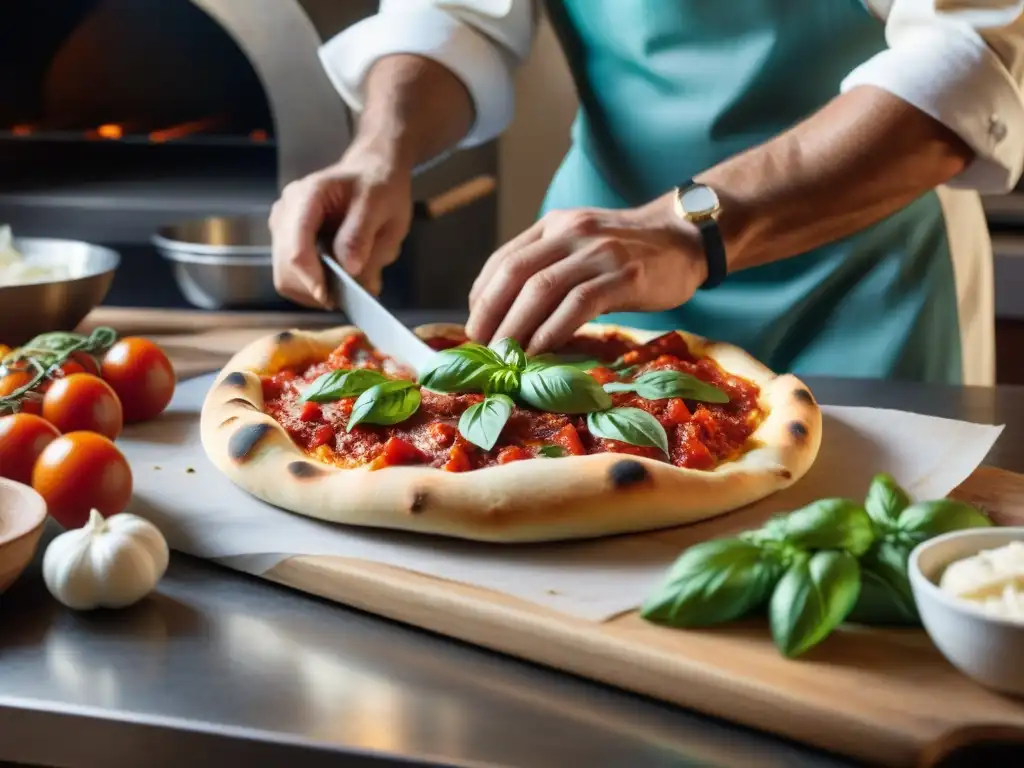 Un chef prepara una pizza italiana tradicional en una cocina rústica, evocando la esencia de la cocina italiana platos icónicos