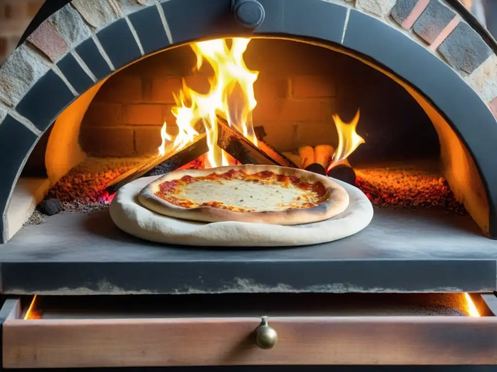 Un chef de pizza coloca cuidadosamente una piedra de hornear para pizza en un horno de leña, resaltando la tradición y maestría