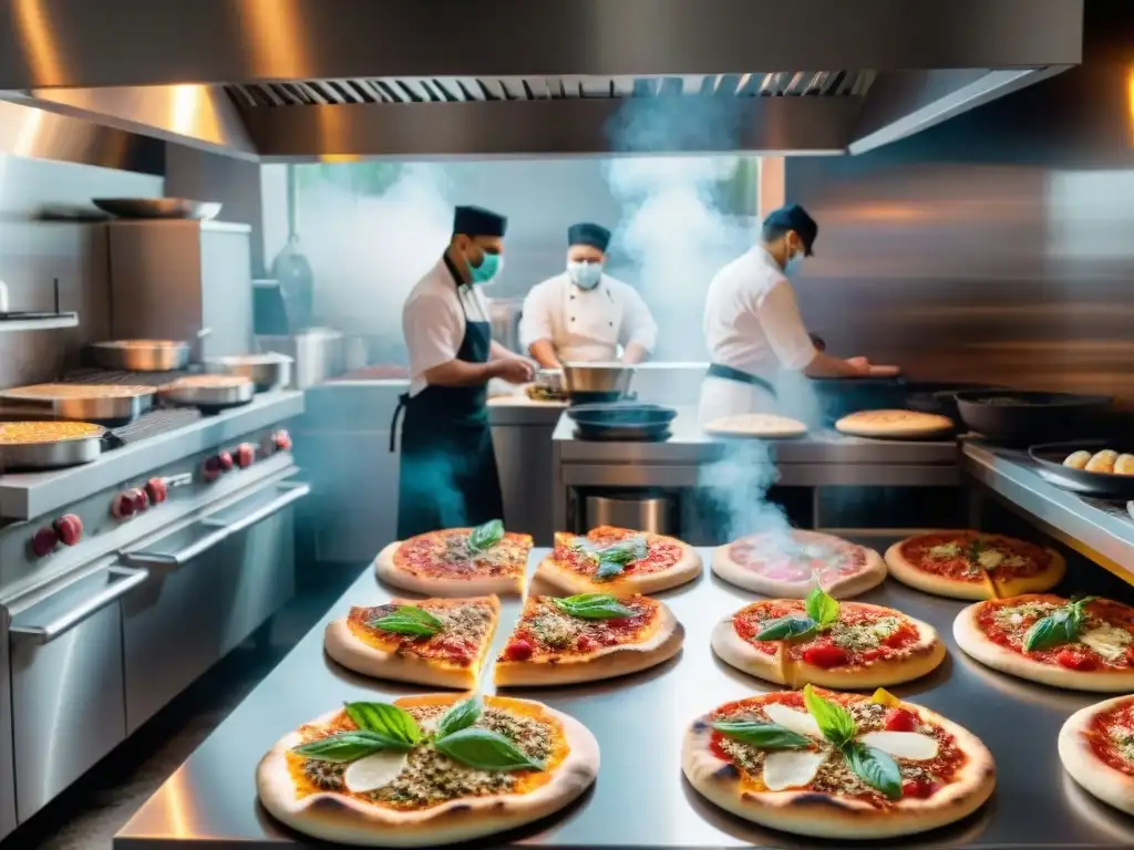 Chef preparando pizza en pizzería durante la pandemia con adaptación y protocolos de seguridad por COVID-19