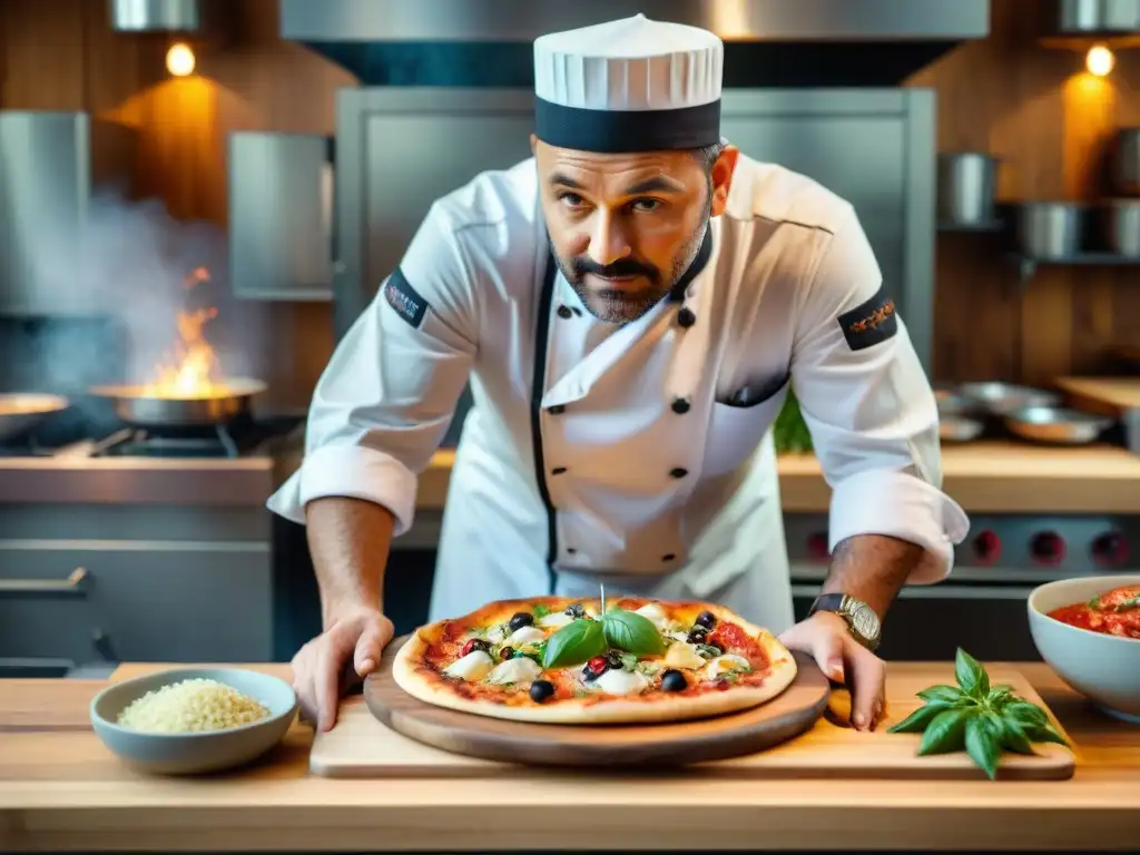 Un chef elaborando un plato inspirado en pizza tradicional en una cocina bulliciosa