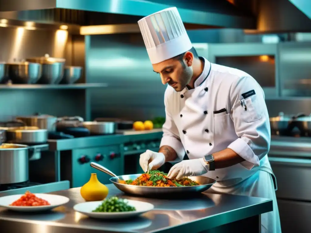 Un chef preparando plato italiano en lujosa cocina, con técnica culinaria y ambiente sofisticado en restaurantes de alta cocina Italia