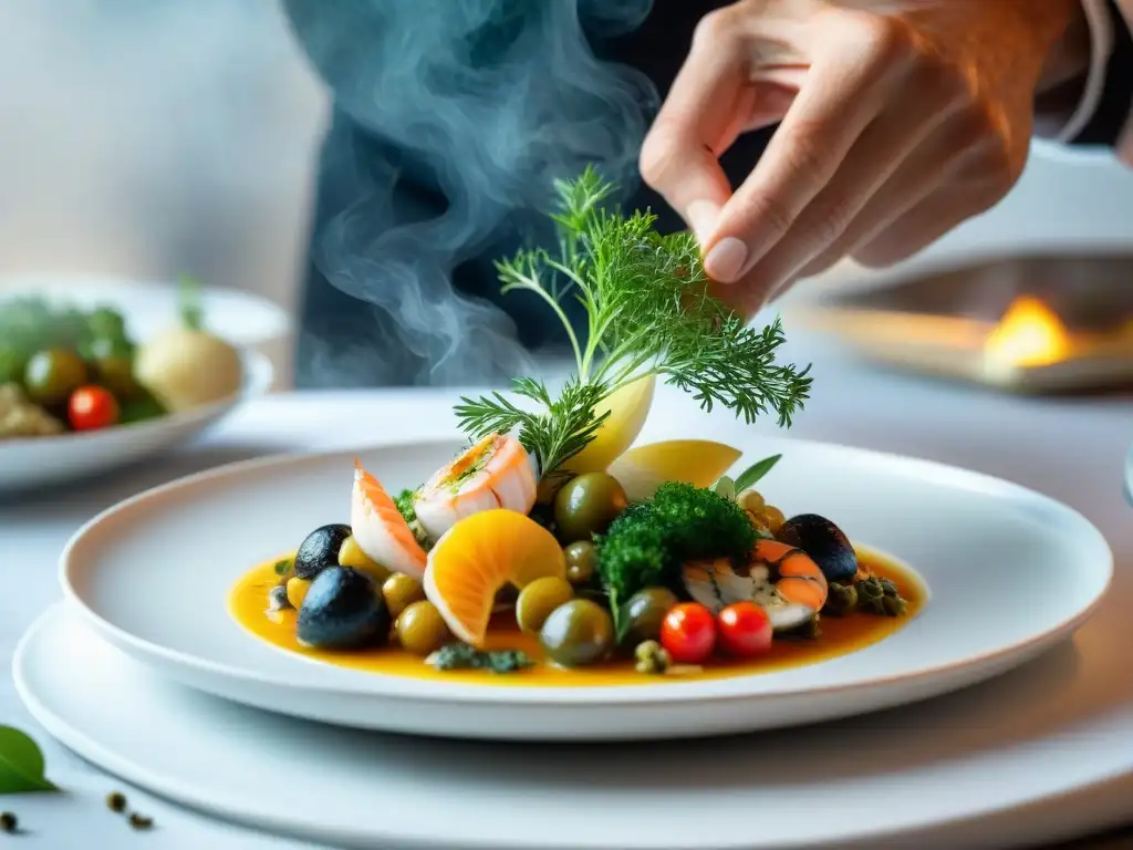 Un chef de Liguria crea un plato moderno con mariscos frescos y hierbas aromáticas