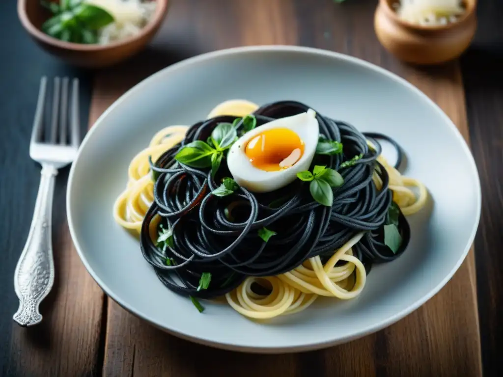 Chef creando un plato de Spaghetti Nero Seppia bajo calorías, con hierbas frescas y queso Parmesano