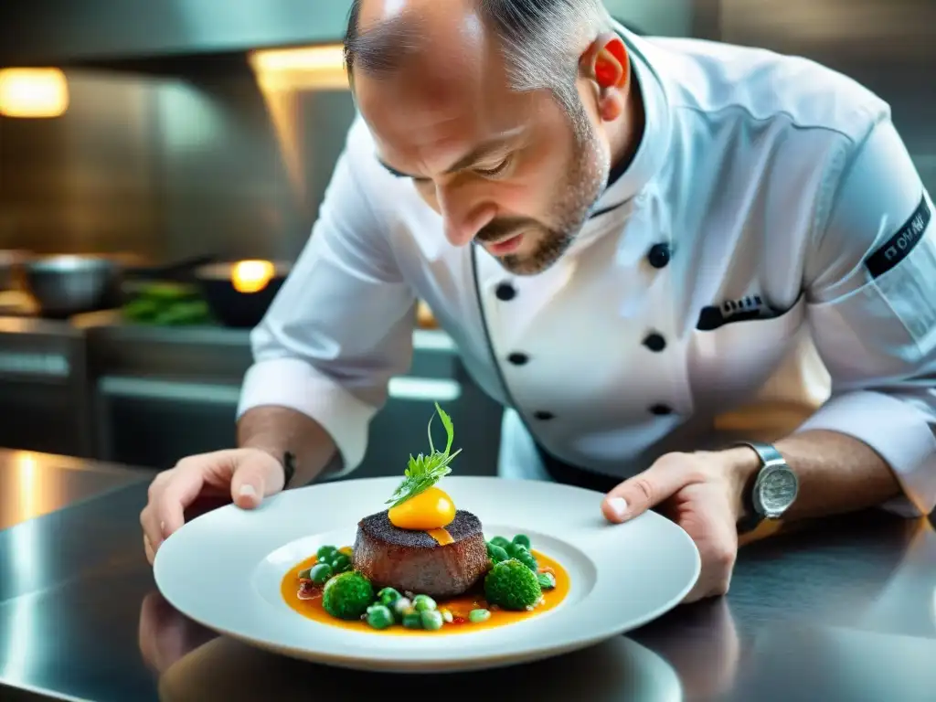 Chef Heinz Beck: Plating de Alta Precisión en Restaurante Estrellado Chef Heinz Beck crea plato en su restaurante con cocina italiana moderna