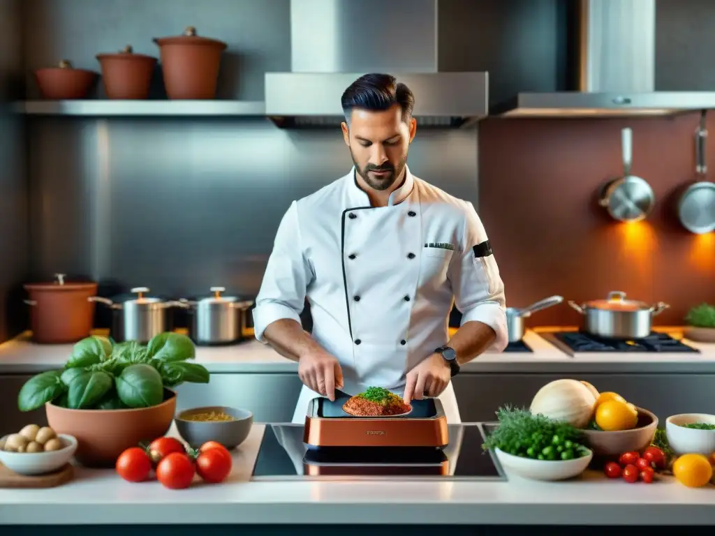 Un chef preparando plato con técnicas de cocina italiana sousvide en cocina tradicional italiana con toques modernos