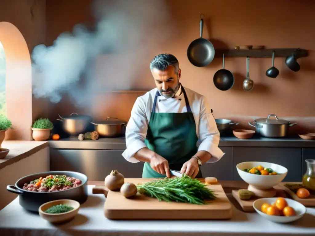 Un chef preparando platos a base de cerdo en una cocina sarda tradicional