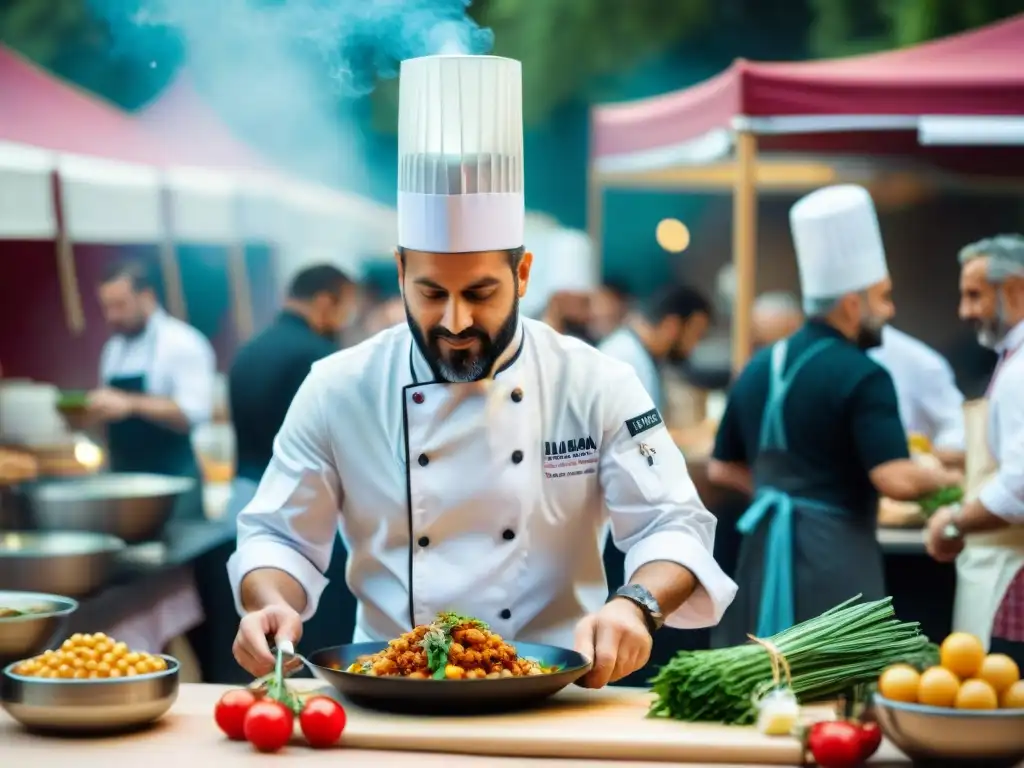 Un chef crea platos fusión en un bullicioso festival culinario italiano, reflejando la innovación en festivales de cocina italiana