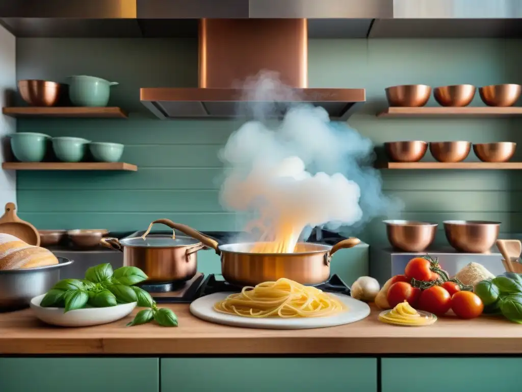 Un chef prepara platos italianos en una bulliciosa cocina, con ingredientes frescos y vibrantes