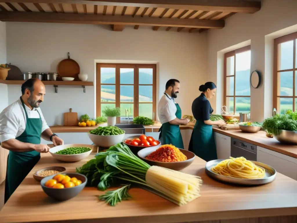 Chef preparando platos italianos con ingredientes locales en una cocina rústica, cálida y colorida