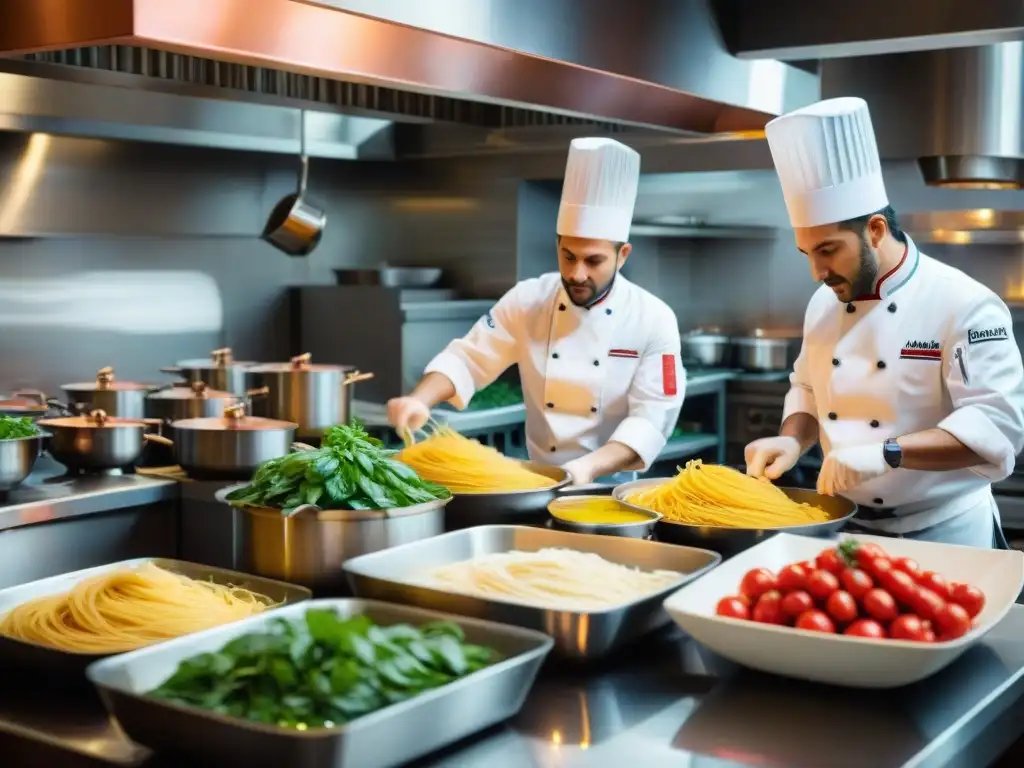 Chef preparando platos italianos con ingredientes frescos en cocina bulliciosa