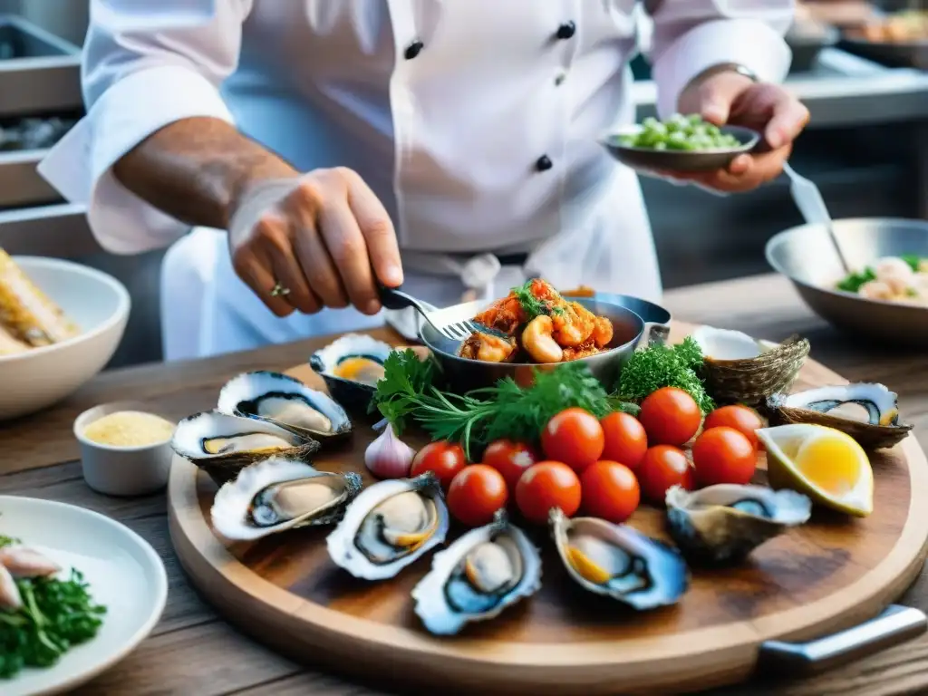 Un chef preparando platos mariscos italianos en un festival, rodeado de ingredientes frescos y espectadores