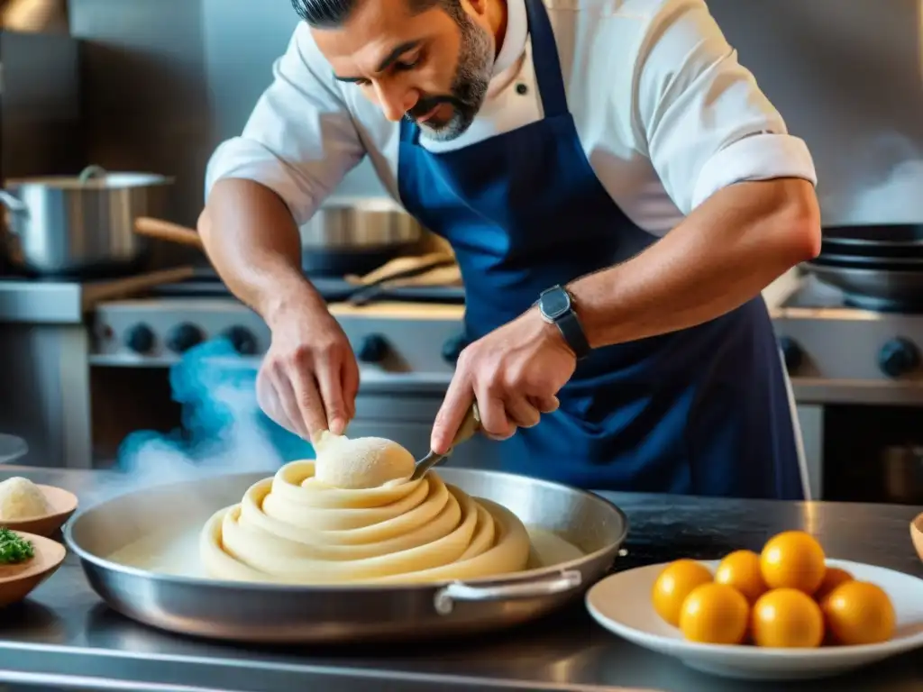 Chef Ugo Alciati elaborando platos tradicionales en una bulliciosa cocina italiana llena de ingredientes vibrantes, reflejando su pasión y dedicación por la cocina italiana