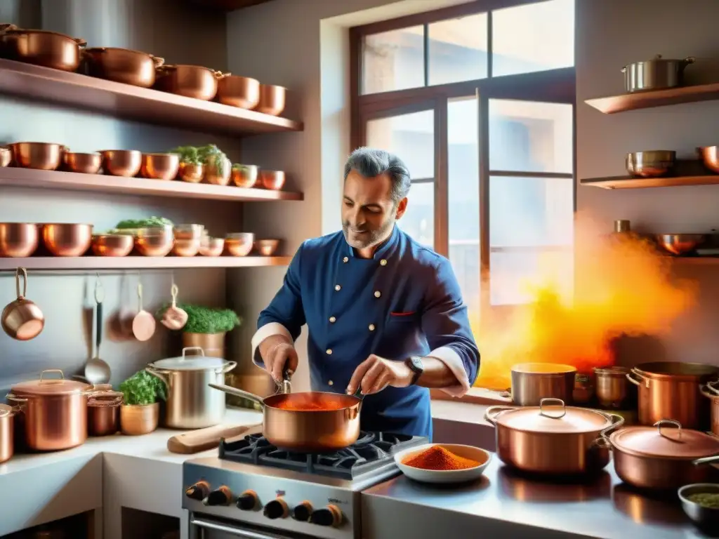 El chef Ugo Alciati prepara platos tradicionales en su bulliciosa cocina italiana llena de especias y ollas de cobre