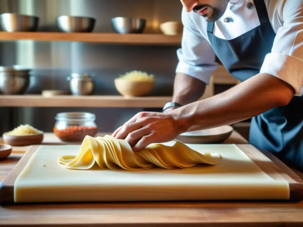 Chef en Venecia preparando platos tradicionales de cocina italiana con destreza, en una cocina soleada y acogedora