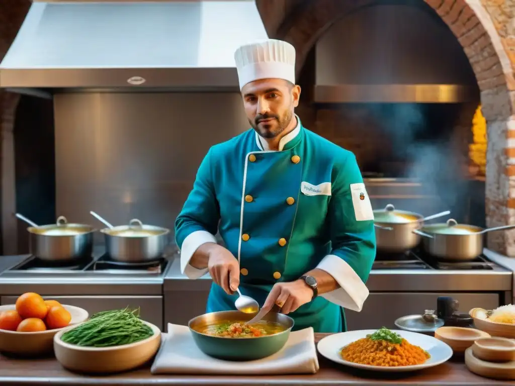 Chef preparando platos tradicionales en una cocina veneciana con aromas y colores vibrantes