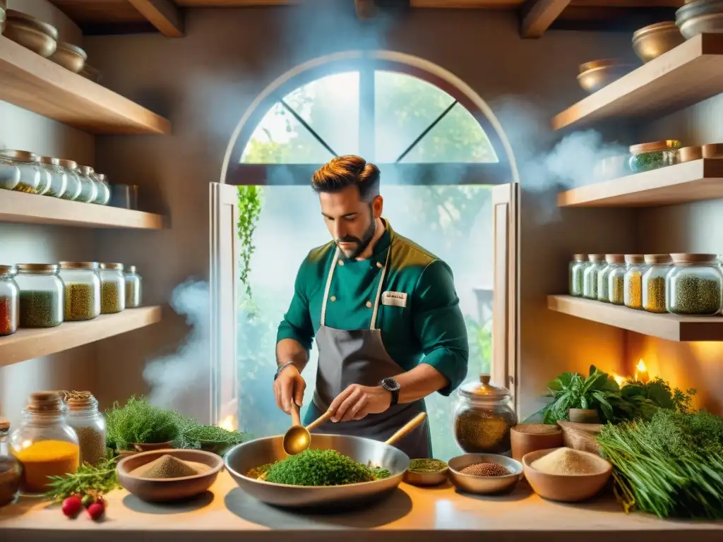 Un chef crea platos tradicionales italianos en una cocina rústica, rodeado de libros de recetas antiguas y especias exóticas