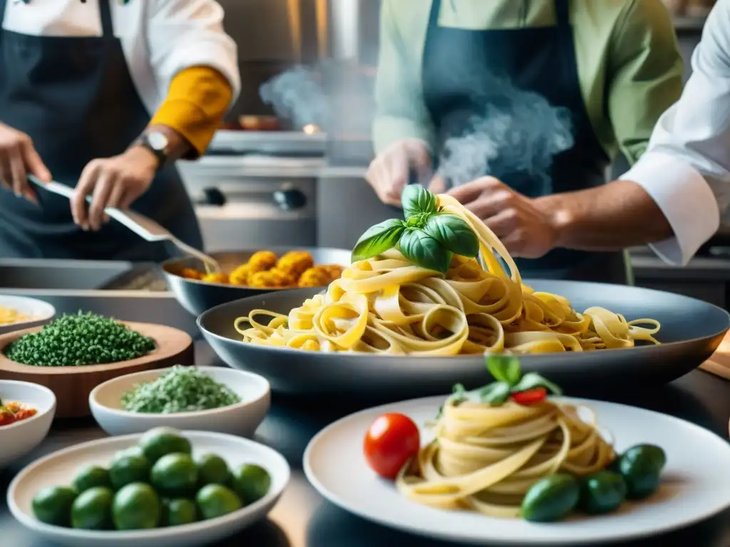 Chef preparando platos vegetarianos en cocina italiana moderna