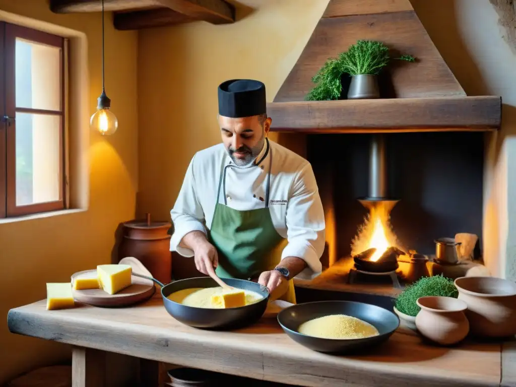 Un chef revuelve polenta en una cocina italiana tradicional con utensilios antiguos y un fuego cálido