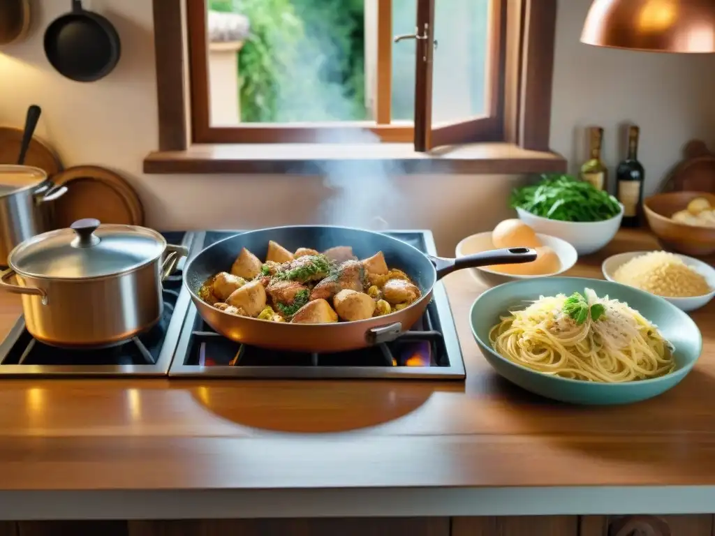 Un chef prepara Pollo al Marsala en una bulliciosa cocina siciliana