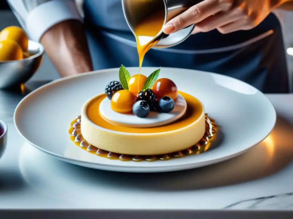 Un chef armando un postre italiano moderno con ingredientes frescos en una cocina contemporánea