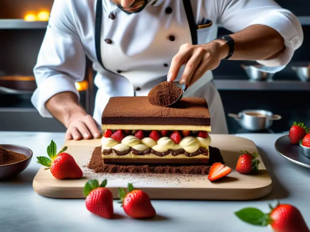 Un chef de postres italianos del siglo XXI elaborando un exquisito tiramisú con ingredientes exóticos