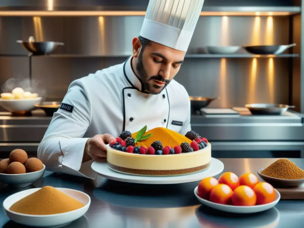 Un chef de postres italianos crea un tiramisù innovador en una cocina moderna