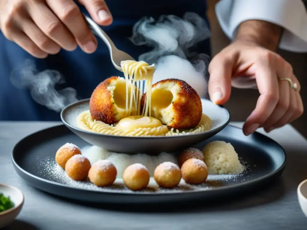 El chef moldea con precisión cada arancini casero, destacando el vapor y el crujiente dorado