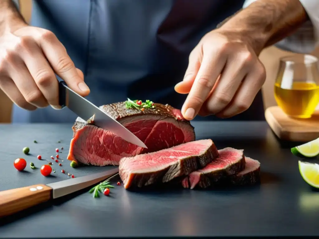 Un chef hábil cortando con precisión un carpaccio de res en rodajas delgadas, mostrando maestría culinaria