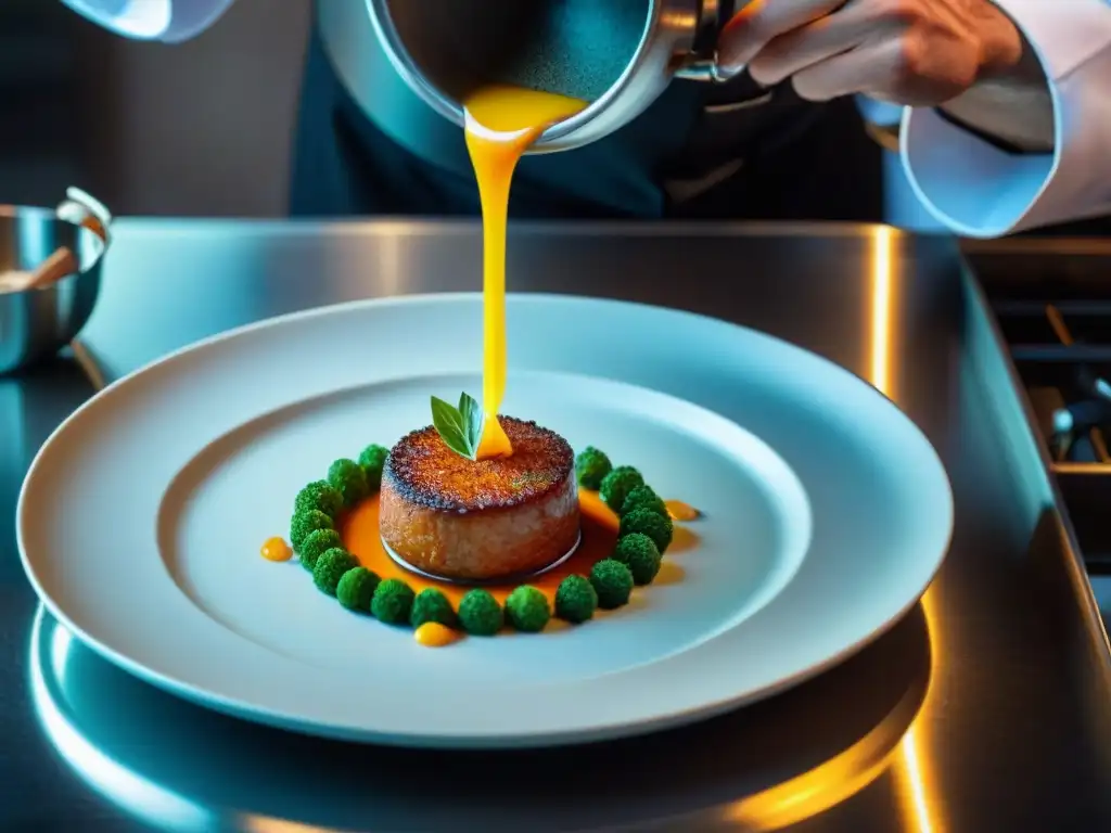 Un chef prepara con precisión un exquisito plato italiano en un elegante restaurante, resaltando la influencia de reseñas en revistas de cocina