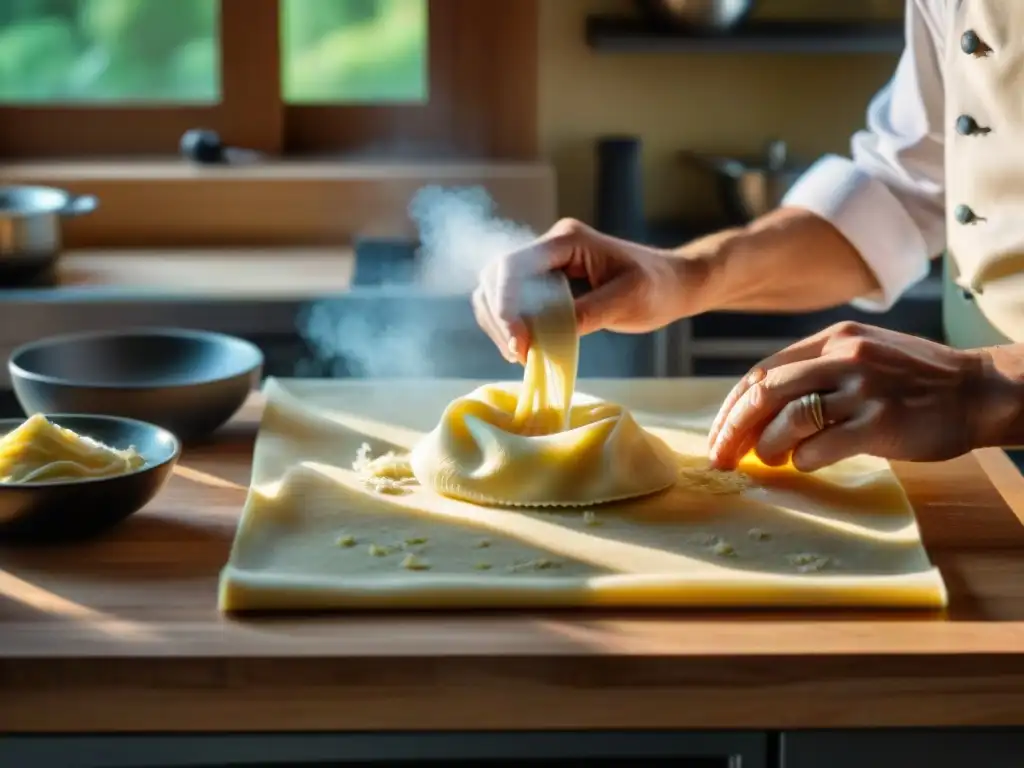 Un chef moldea con precisión la masa de pasta casera en exquisitos raviolis, reduciendo desperdicios en la cocina italiana