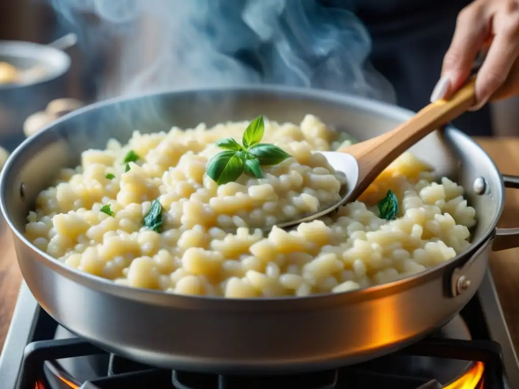 El chef remueve con precisión el risotto al queso, mostrando su arte culinario