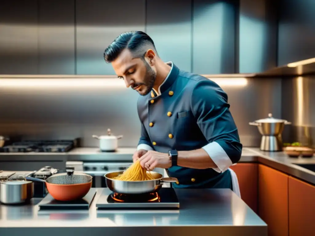 Chef profesional en cocina italiana moderna con electrodomésticos innovadores revolucionando cocina italiana
