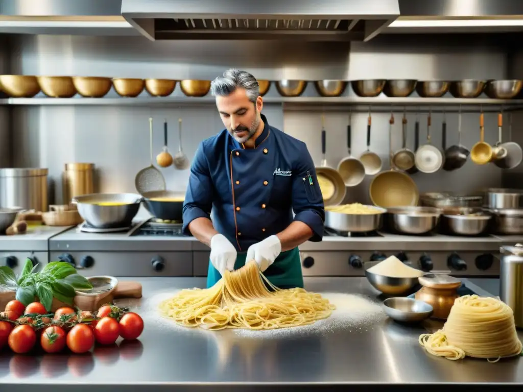 Un chef profesional en una cocina italiana con utensilios especiales, haciendo pasta fresca