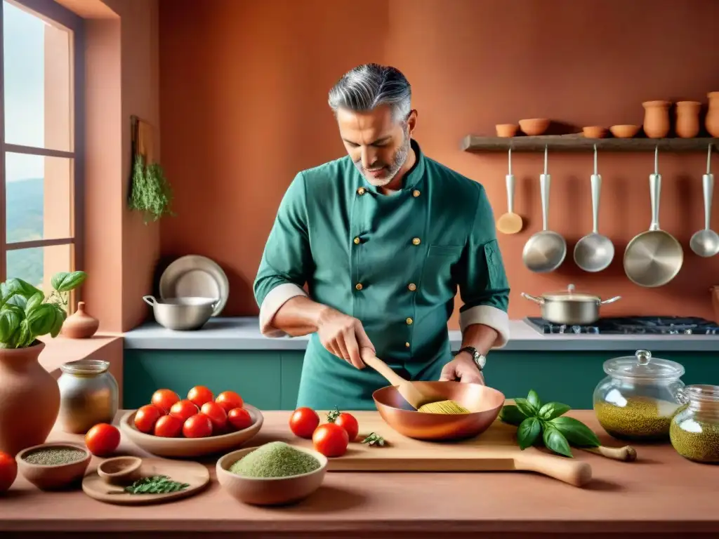 Un chef profesional en una cocina italiana tradicional, usando utensilios de alta gama